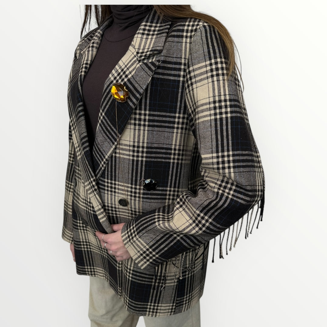 SOUVENIR - GIACCA CHECK CON SPILLE E FRANGE