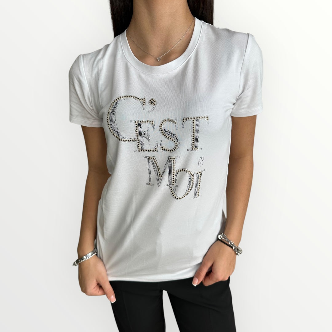 FRACOMINA - T-SHIRT CON SCRITTA IN STRASS