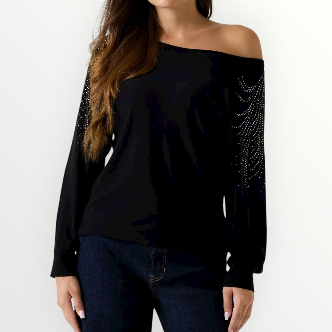 GUESS - MAGLIA CON SCOLLO A BARCA E STRASS