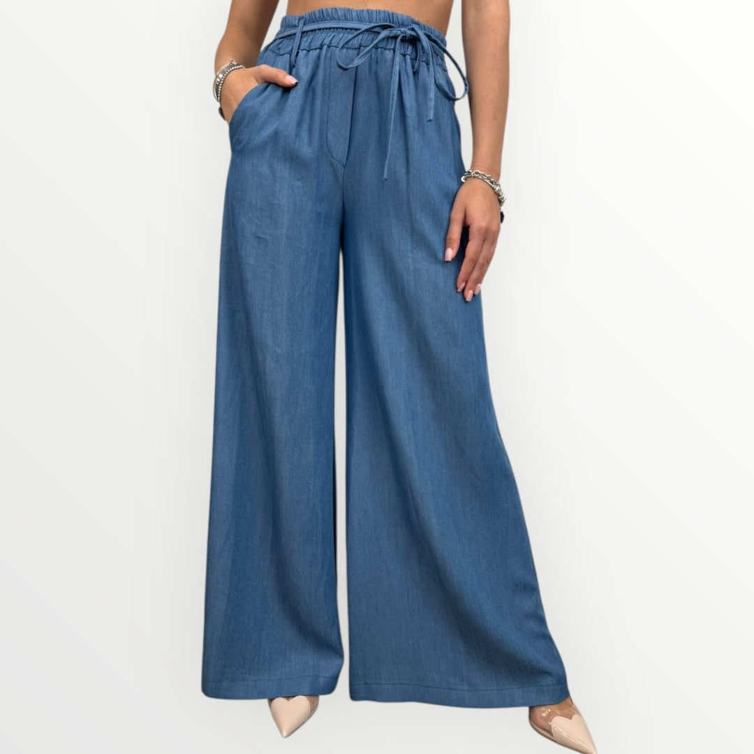 ANGELA DAVIS - PANTALONE A PALAZZO IN CHAMBRAY